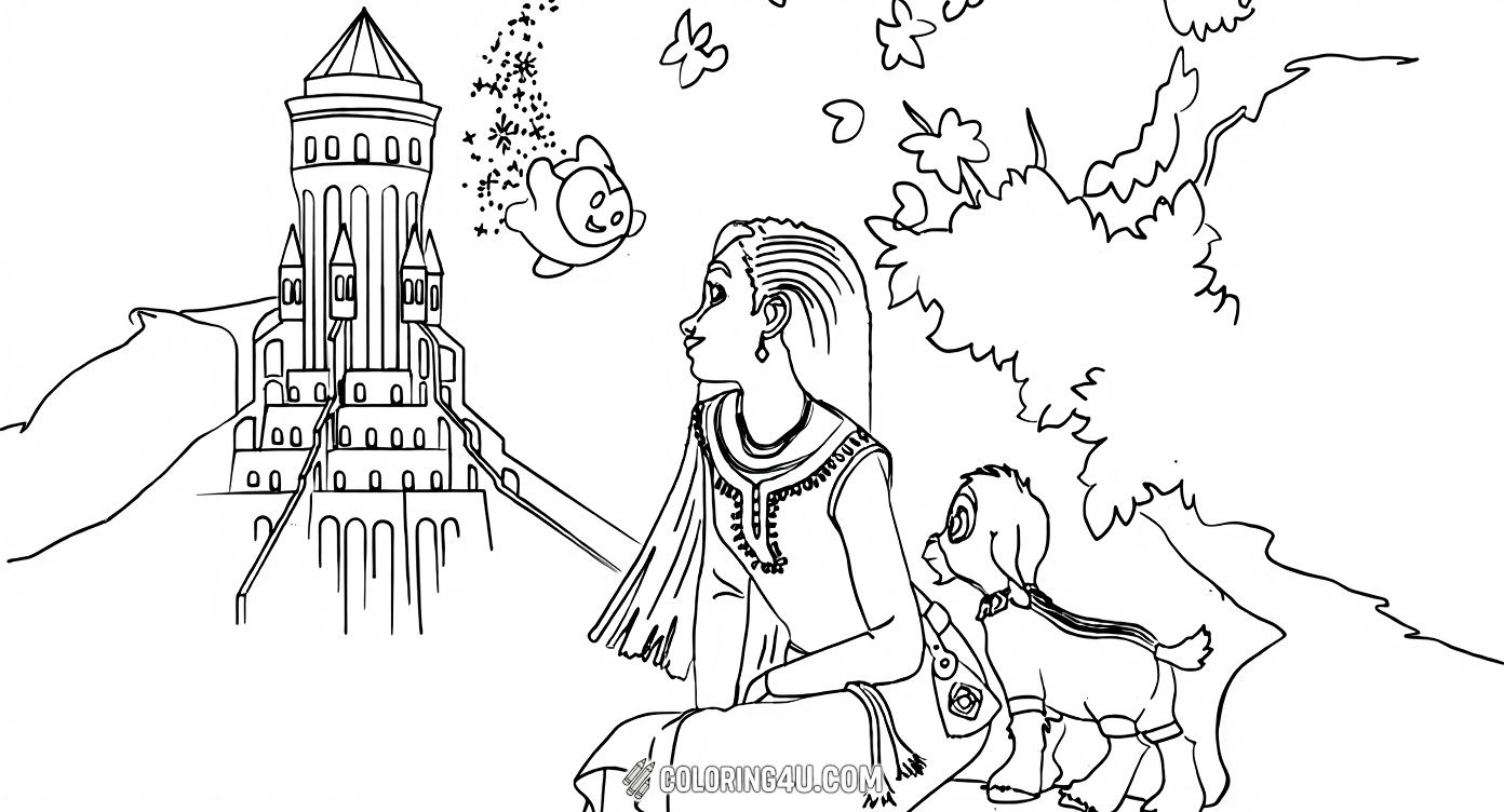 Color this enchanting scene featuring a Disney Wish princess sitting happily with her cute puppy, surrounded by a beautiful castle and fluttering leaves, inviting kids to bring the fairy tale to life!