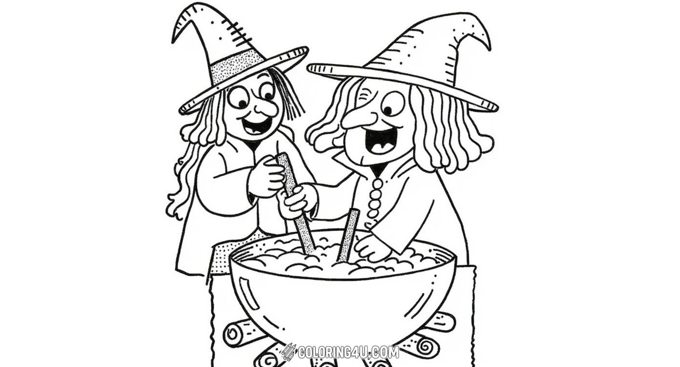 Cartoon Witches Stirring Potion Cauldron
