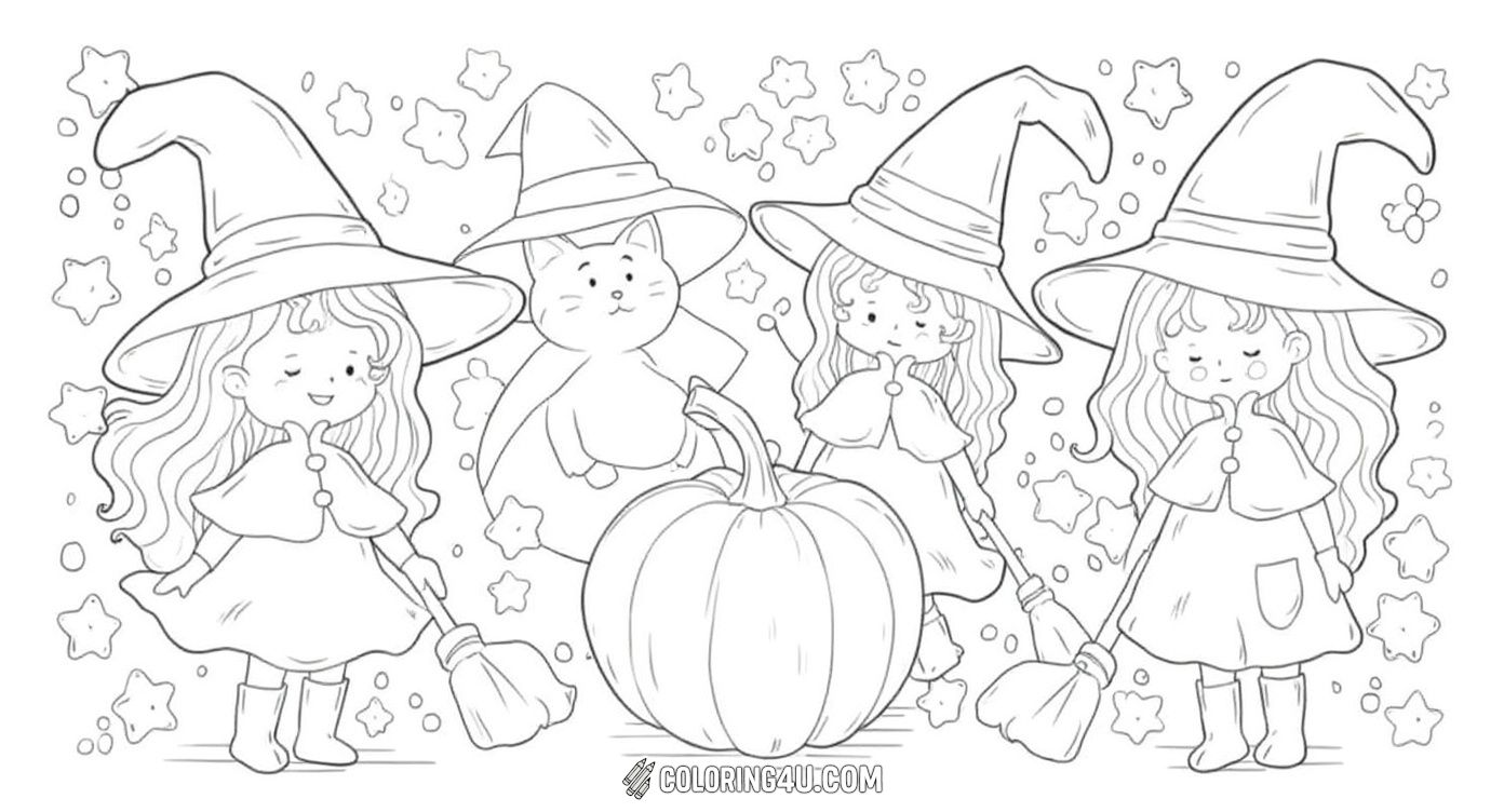 Cute Kids Witches Cat In Pumpkin