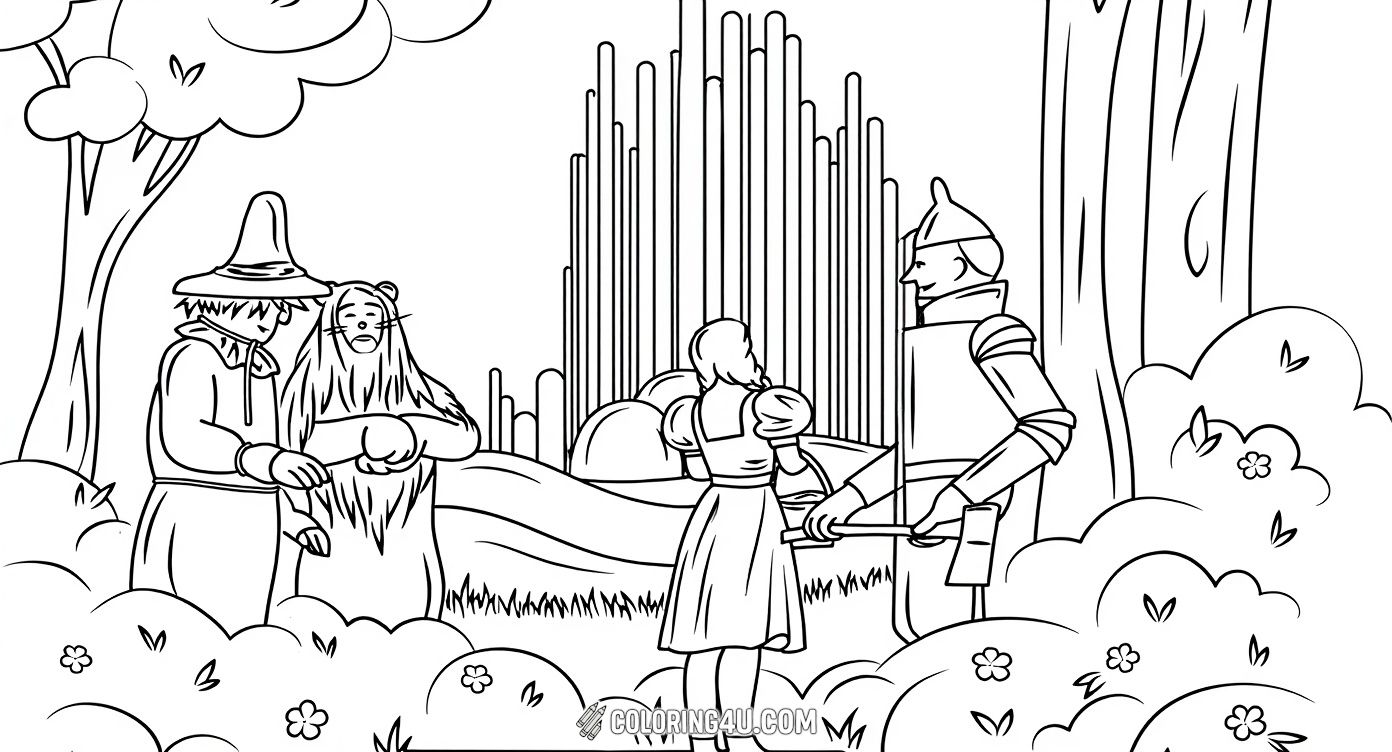 Color this charming scene where Dorothy and her friends, the Scarecrow, the Cowardly Lion, and the Tin Man, enjoy listening to music from a grand organ in the beautiful land of Oz. This image invites kids to bring to life the magical moment filled with friendship and wonder.