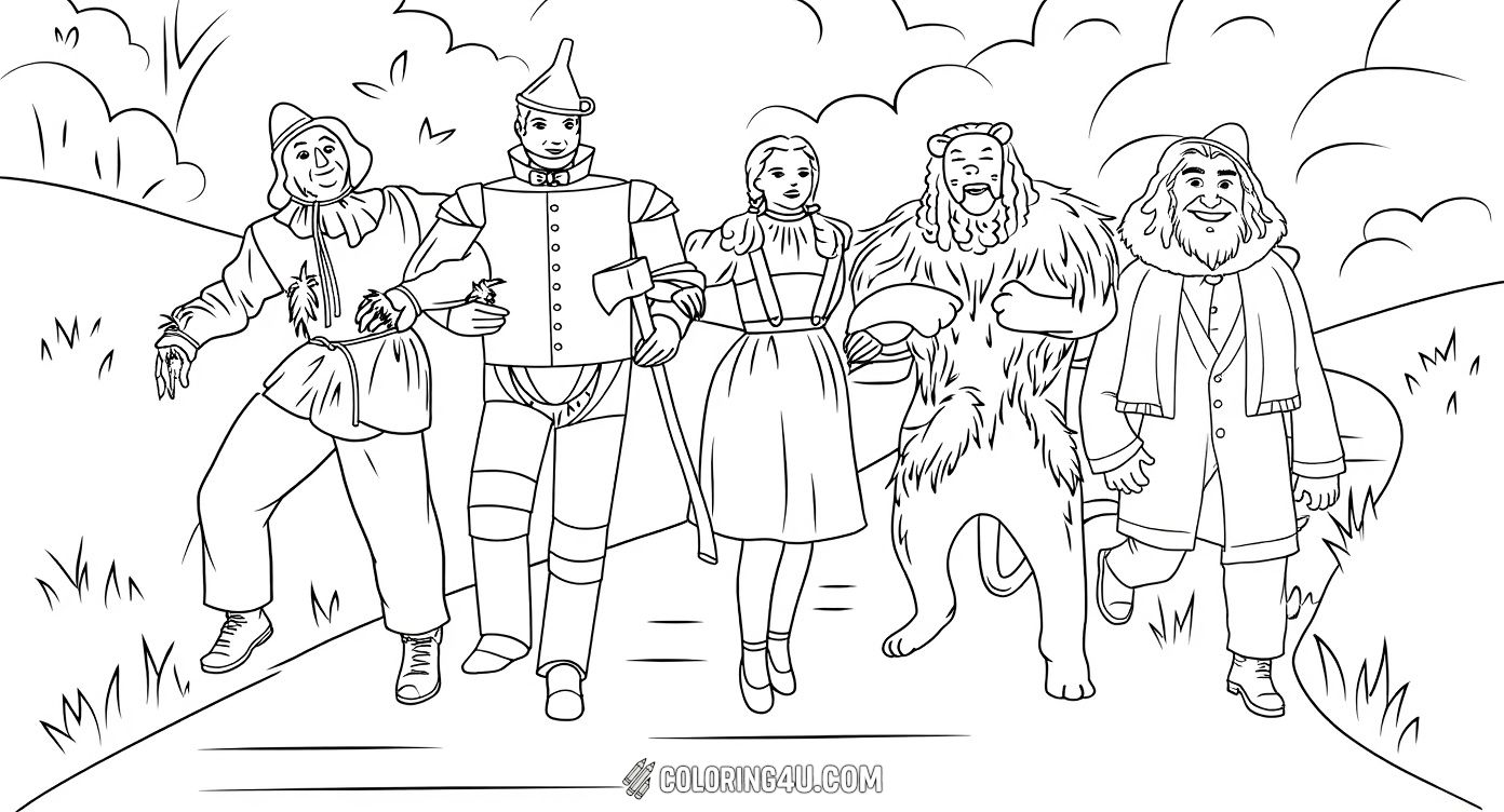 Join Dorothy, the Scarecrow, the Tin Man, and the Cowardly Lion as they walk together along a winding path in this fun and adventurous scene from The Wizard of Oz. Kids can color the friendly characters and the lovely natural surroundings while imagining their journey to meet the Wizard.
