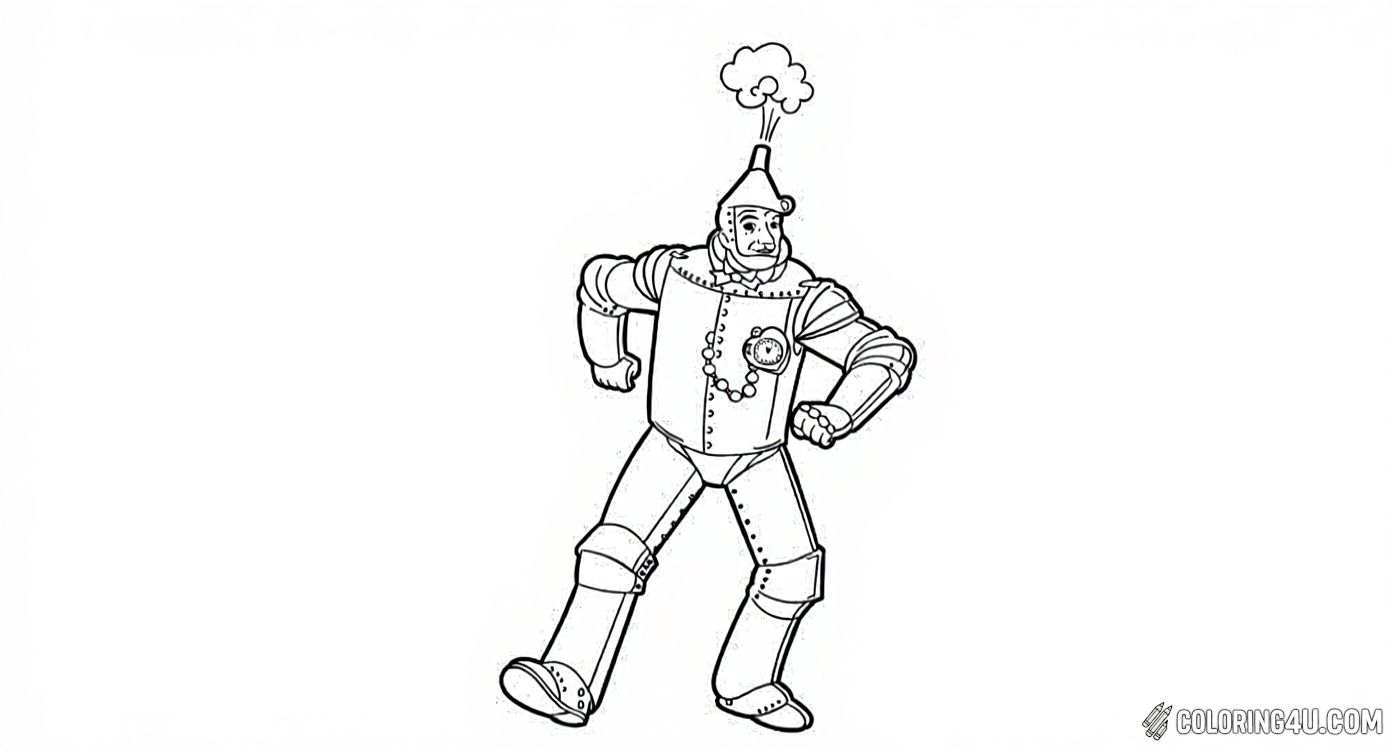 Discover the joyful Tin Man from 'The Wizard of Oz' in this delightful coloring page. With steam puffing from his funnel hat and a cheerful pose, the Tin Man is ready to dance and have fun. Kids can enjoy coloring this classic character and bringing his shiny metal suit to life with their favorite shades.
