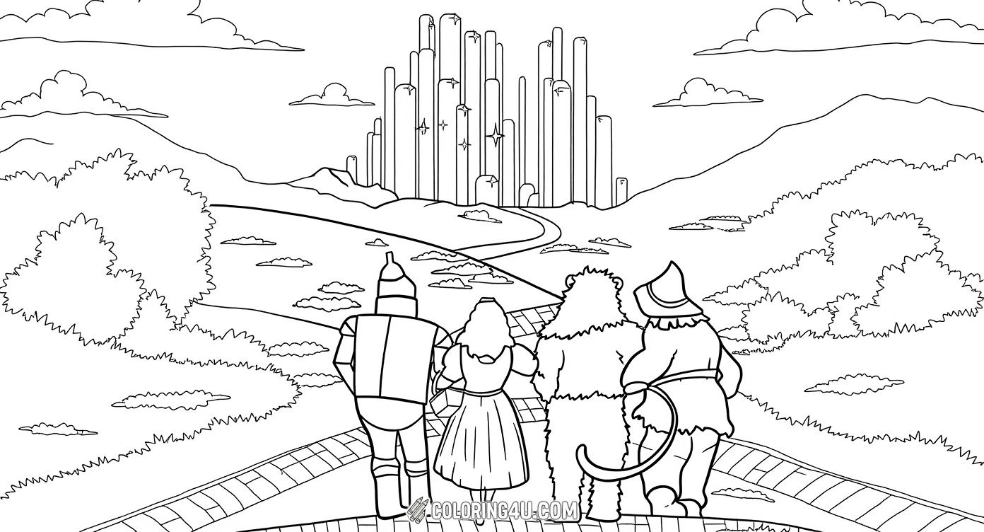 Celebrate the adventurous spirit of Dorothy, the Tin Man, the Cowardly Lion, and the Scarecrow as they gaze at the sparkling Crystal City at the end of the Yellow Brick Road. Kids will love adding bright colors to this iconic Wizard of Oz moment filled with hope and excitement.