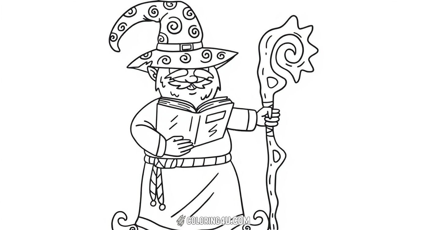 Color this adorable cartoon wizard wearing a swirly hat and holding a magical staff while reading a spell book. A fun and playful image that sparks imagination for young artists who love fairy tales and magic.