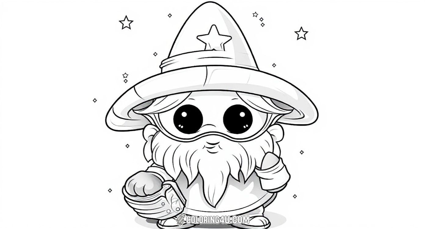 Meet this adorable little chibi wizard with huge sparkling eyes and a big floppy hat marked with a shining star. Clutching his trusty magic book, he’s ready for an exciting adventure full of spells and wonders. Add vibrant colors to make his magical world come alive!