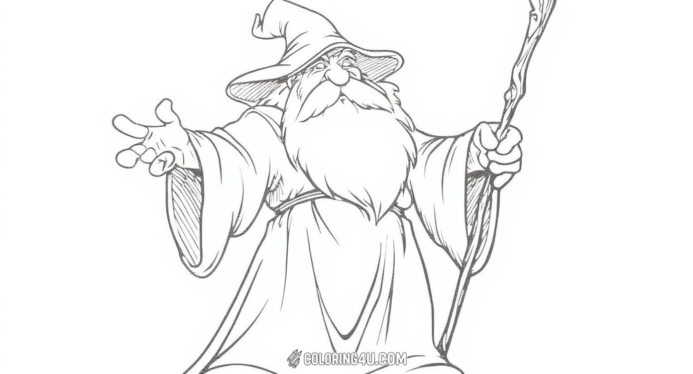 Discover the magical world with this charming wizard who has a long beard and a pointy hat! He is ready to cast powerful spells with his wooden staff. Perfect for kids who love fantasy adventures and magical stories.