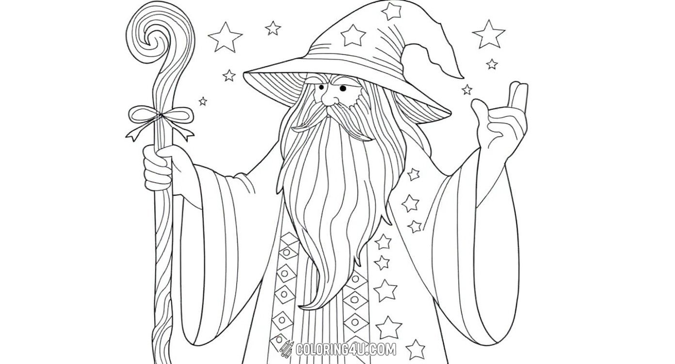 Color this wise old wizard with his long flowing beard and magical staff. He’s surrounded by twinkling stars and wearing a tall pointed hat, ready to cast powerful spells. Bring his enchanting robe and mysterious aura to life with your favorite colors!