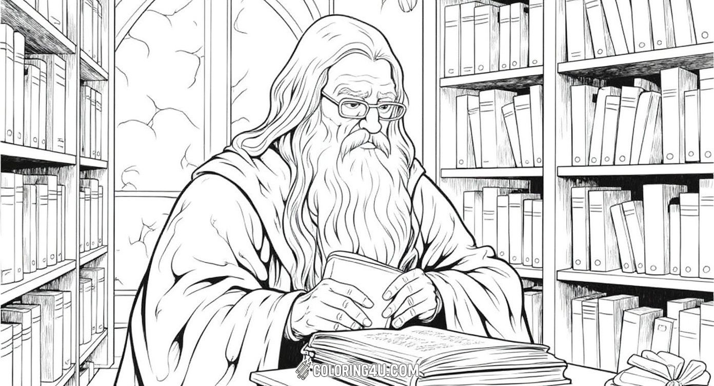Join this wise and realistic wizard as he reads an ancient magical book in a cozy library filled with mysterious potions and scrolls. A wonderful coloring page for kids who enjoy detailed scenes and thoughtful characters!