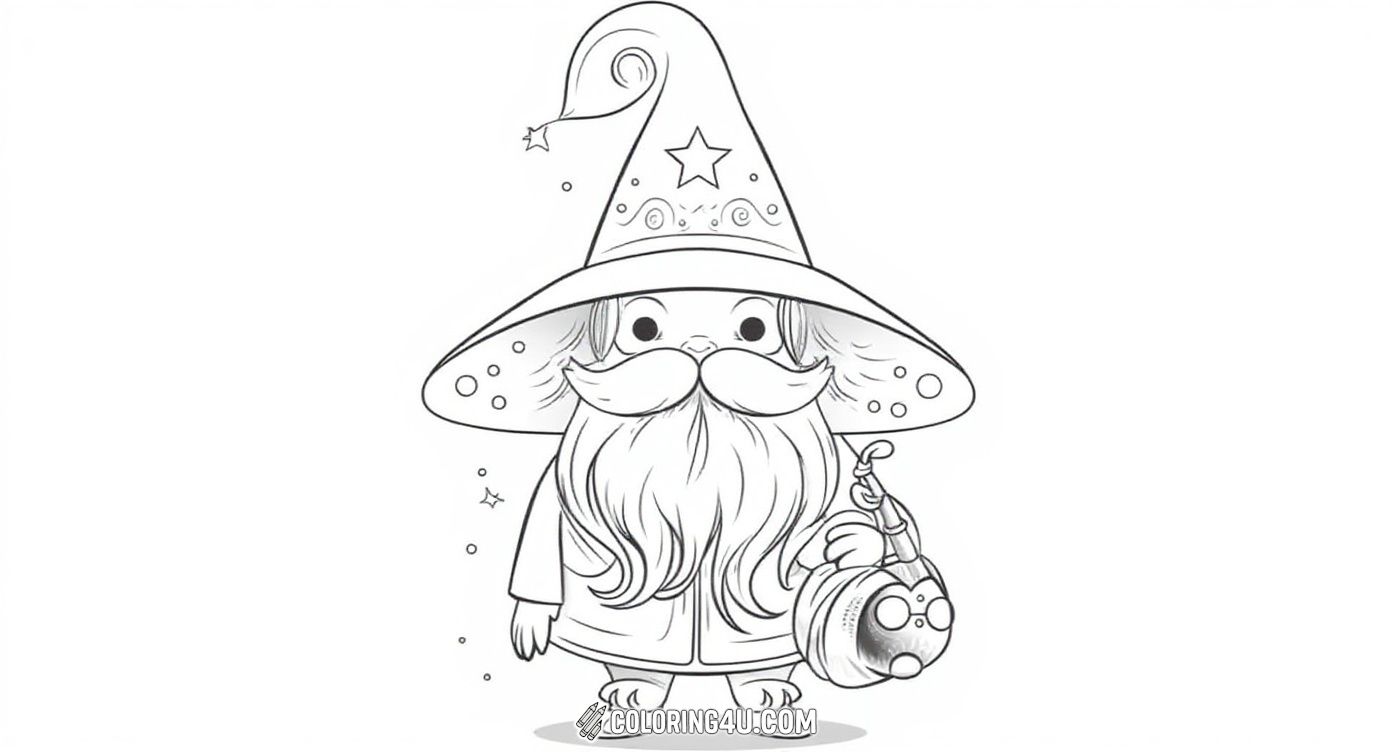 This tiny whimsical wizard is wearing a large starry hat and a buttoned robe, holding a glowing magic bottle that bubbles with mystery. Surrounded by floating stars and sparkles, he’s a delightful character just waiting for your creative colors to brighten his magical journey!