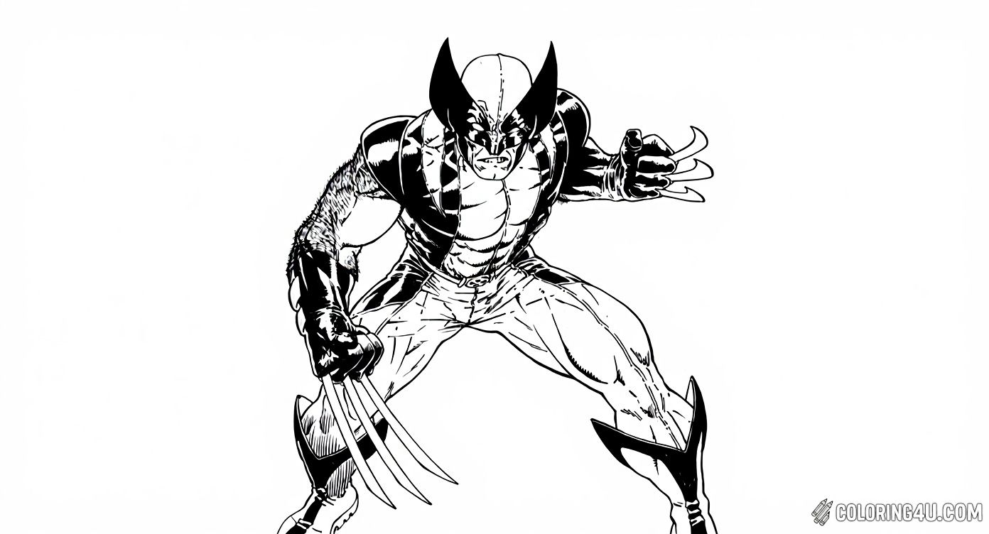 Color Wolverine in a fierce heroic pose showing off his sharp claws and strong muscles. This detailed drawing captures the bravery and power of this famous Marvel character, making it a fun challenge for kids who enjoy coloring superheroes!