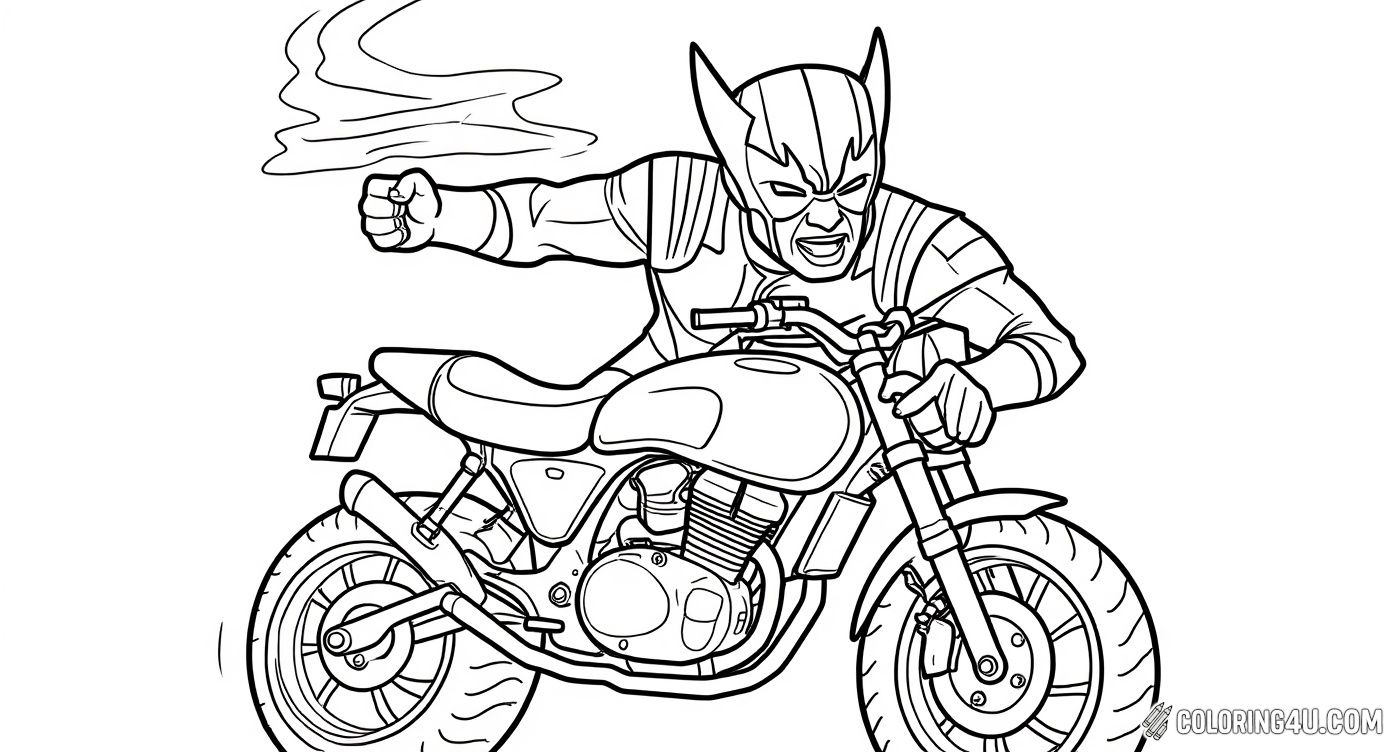 Get ready to color Wolverine as he zooms on his motorcycle in an exciting action-packed scene! This cool image shows Logan with his claws out, speeding along with determination and strength. Perfect for young fans who love adventure and superheroes!