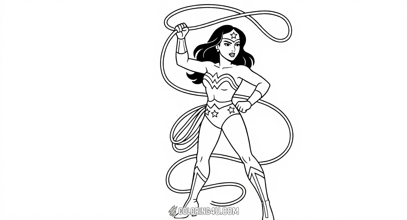 This fun and dynamic coloring page shows classic Wonder Woman in action, holding her famous lasso of truth ready for adventure. Kids will love bringing this energetic superhero to life by coloring her bold costume, flowing hair, and powerful pose as she prepares to fight for justice.