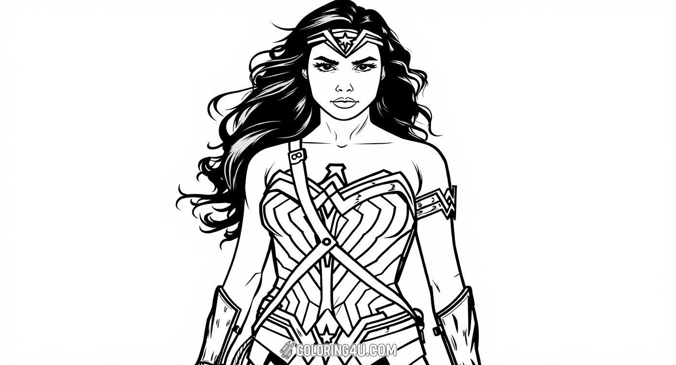 This detailed coloring page features Wonder Woman from the movie Wonder Woman 1984, standing confidently with her powerful stance and iconic armor. Kids can enjoy coloring her strong expression, flowing hair, and unique armor details that make her a heroic symbol of bravery and strength.