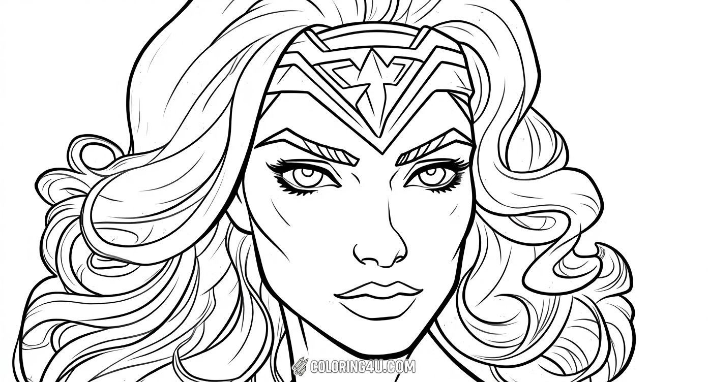 This beautiful close-up portrait coloring page captures Wonder Woman's determined gaze and flowing curly hair, highlighting her iconic tiara and strong features. It's a great way for kids to focus on coloring fine details and celebrating the strength and grace of this beloved superhero.