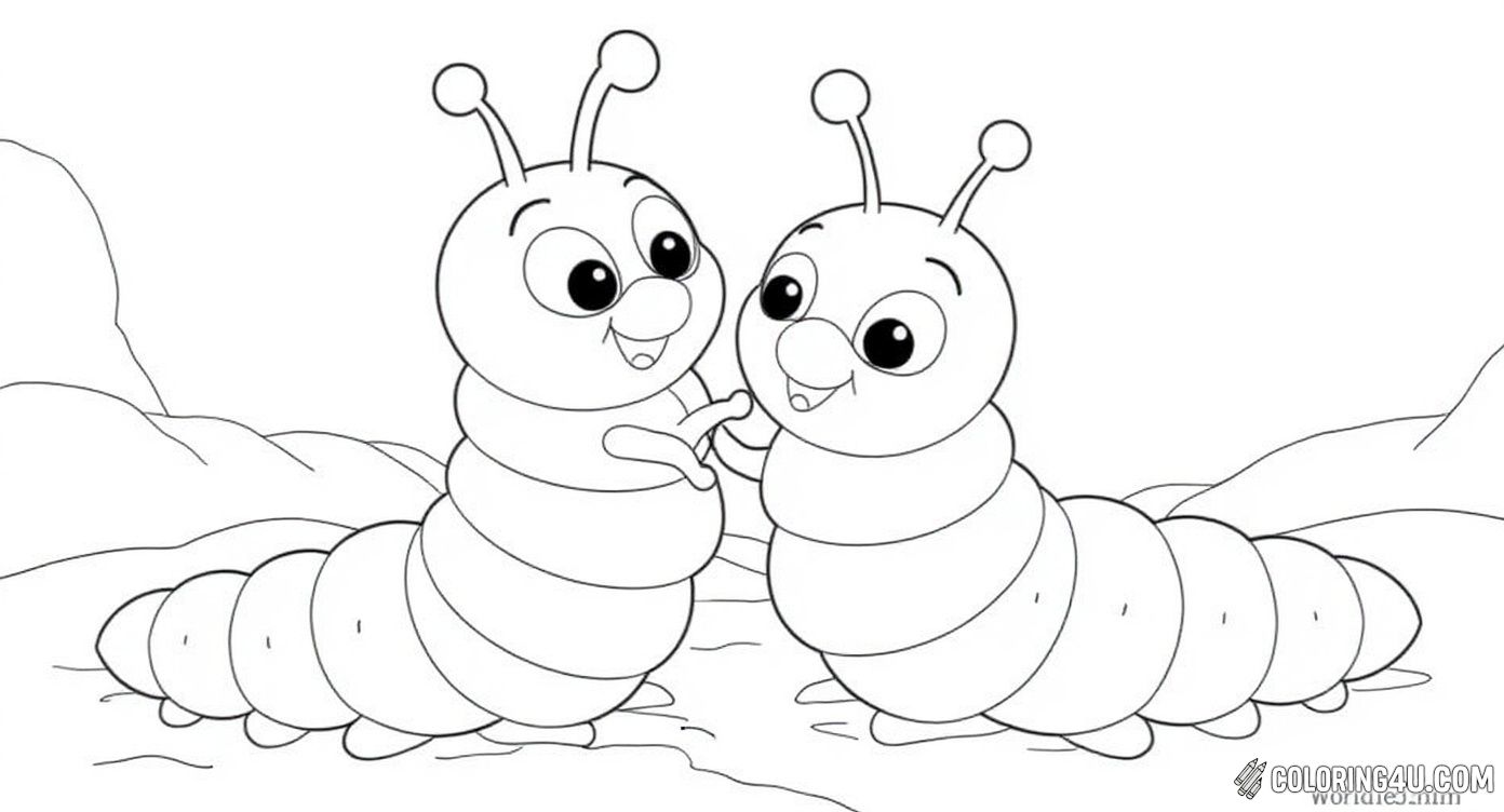 Bring this adorable scene to life where a cheerful caterpillar and a friendly worm share a sunny day under a glowing butterfly. Kids can color this delightful garden moment filled with smiles and friendship, sparking creativity and imagination.