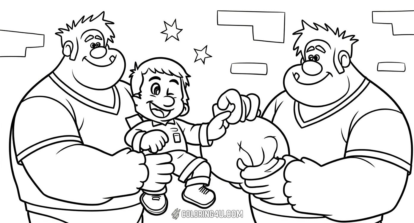 Color the dynamic duo Ralph and Fix-It Felix from Wreck-It Ralph as they work together to fix and build! Felix, the cheerful handyman, holds a hammer while Ralph stands strong behind him. This fun scene is perfect for kids who love teamwork and heroics.