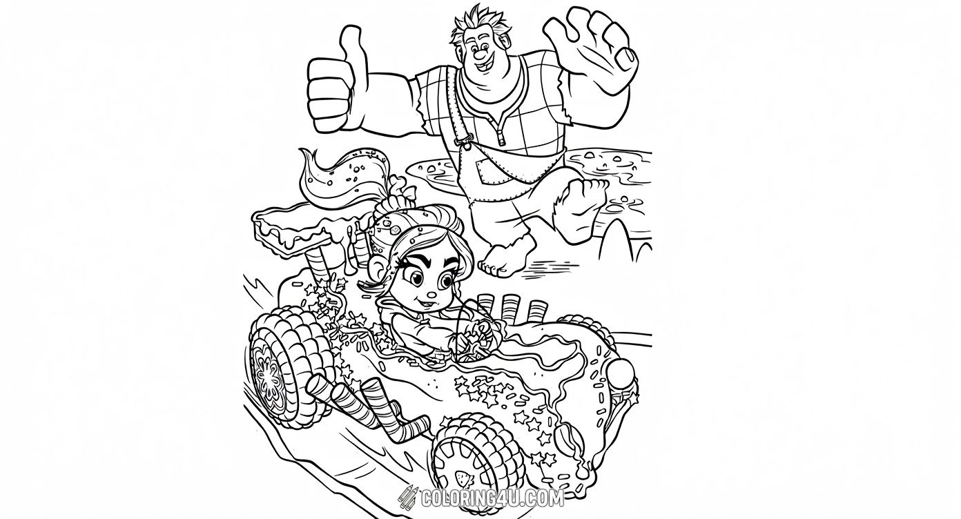 Speed into fun with Ralph and Vanellope von Schweetz in their colorful kart racing scene from Wreck-It Ralph! Kids can enjoy coloring Vanellope driving her sweet-themed kart while Ralph gives an encouraging thumbs up, bringing excitement and friendship to life.