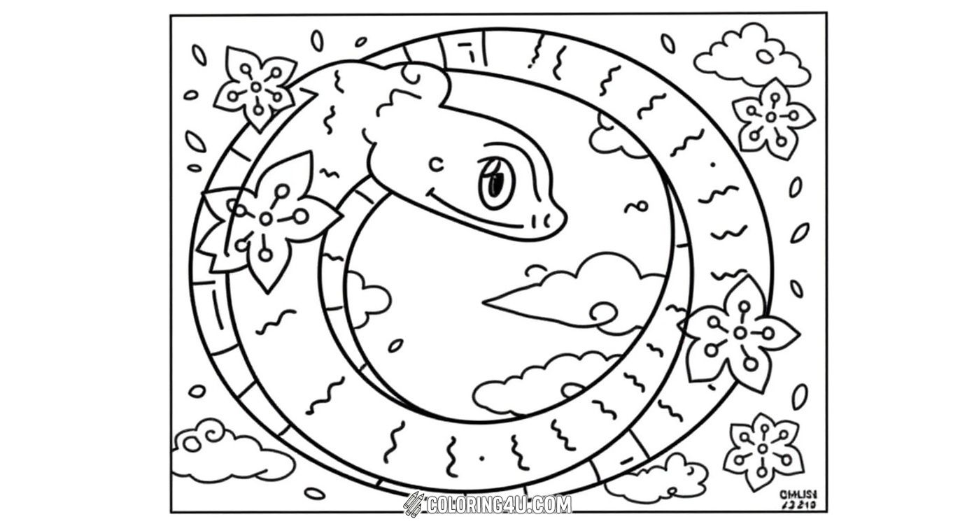 Enjoy coloring a charming yin yang symbol shaped by a friendly snake surrounded by blooming cherry blossoms. This playful design invites kids to have fun while learning about the symbolism of yin and yang with a nature-inspired twist.