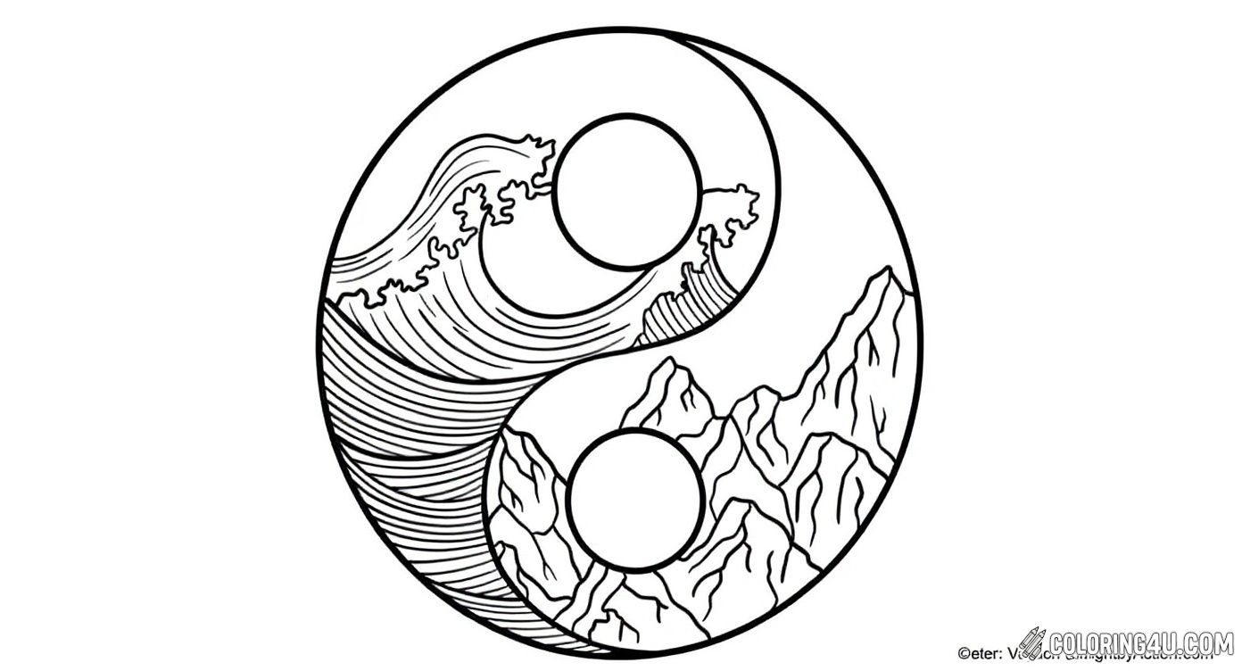 This coloring page features a beautiful yin yang symbol where one side shows crashing waves and the other side displays towering mountains. It's a perfect design for kids who love nature and want to explore the harmony between water and earth while filling colors. [source: Pinterest]