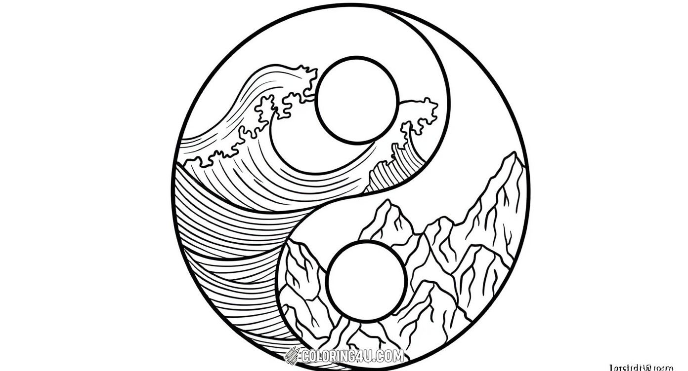 Dive into this beautiful yin yang coloring page featuring a dynamic ocean wave on one side and a majestic mountain range on the other. Kids will love coloring the contrasting natural elements while exploring balance and harmony.