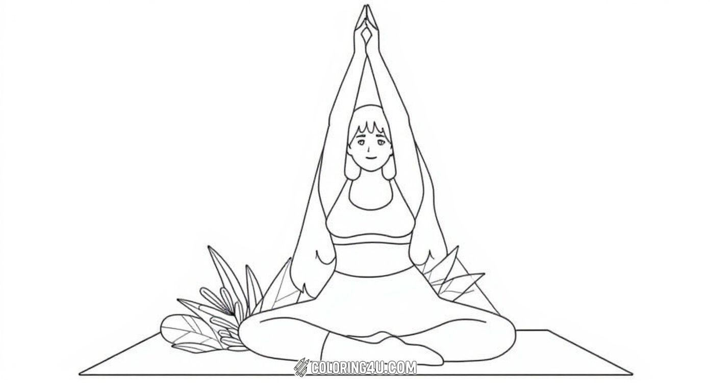 Celebrate International Yoga Day with this cheerful coloring page of a girl doing an advanced yoga stretch. She reaches one arm over her head to hold her foot while sitting surrounded by leafy plants. The bold circle and lettering above make this perfect for kids to color and learn about the joy of yoga and wellness.