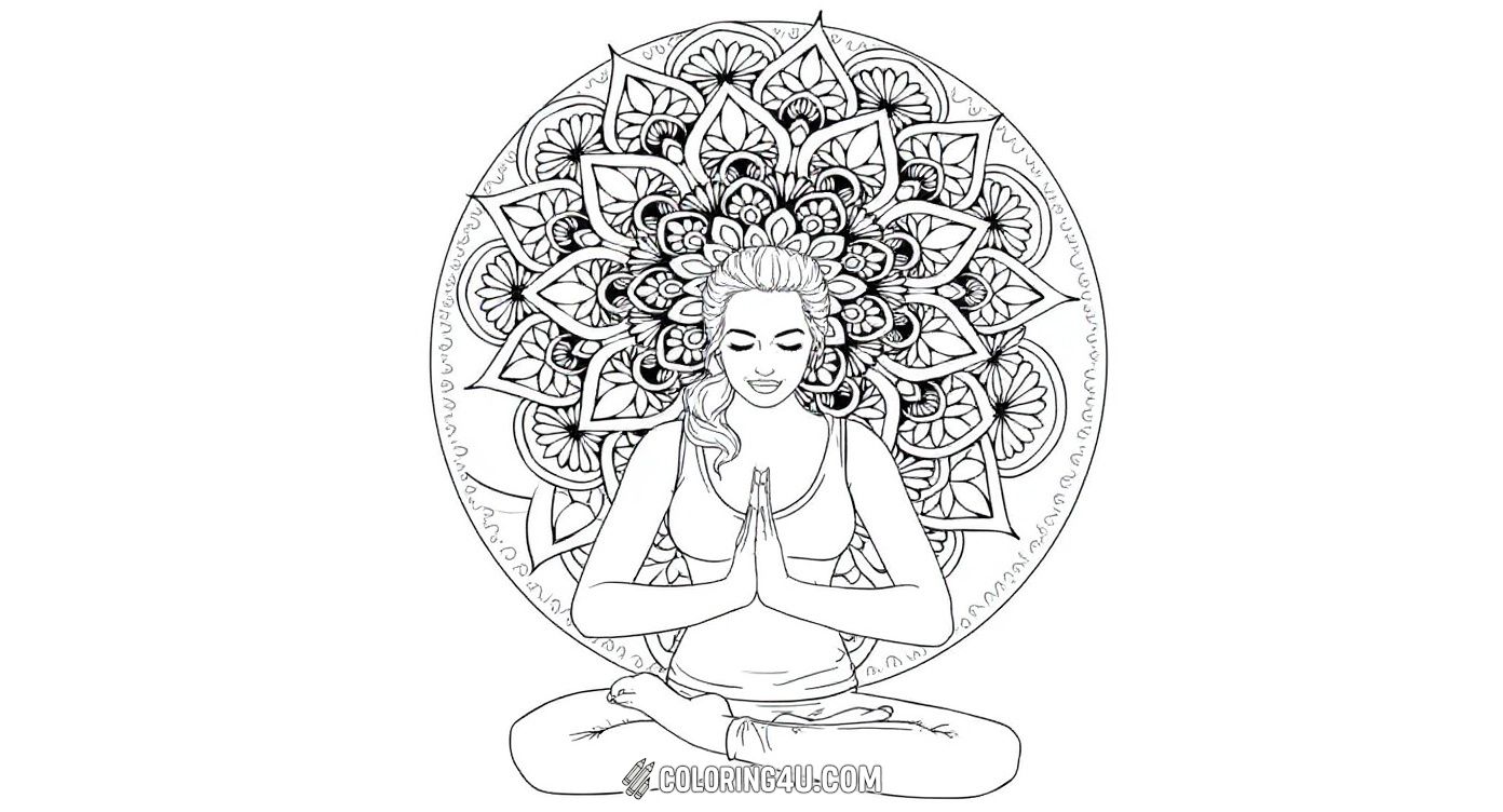 Bring this serene yoga coloring page to life by adding color to a calm woman meditating with her hands in a prayer pose. Behind her is a stunning, intricate mandala pattern that is perfect for kids to explore creativity and enjoy a relaxing coloring experience.