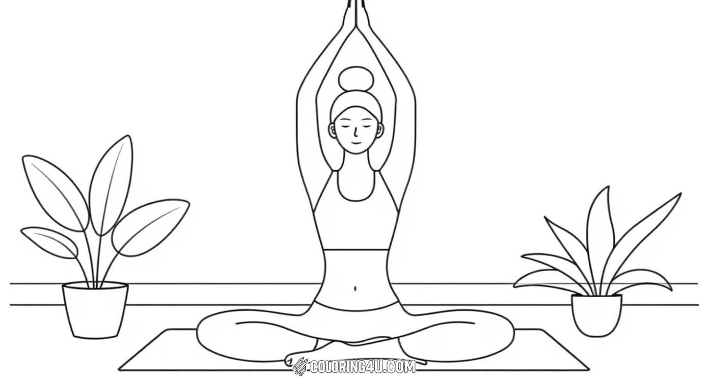 In this coloring page, a woman practices yoga in a cozy indoor space with large windows and lush plants on either side. She sits cross-legged on a yoga mat with her arms stretched overhead, showing grace and balance. Kids can color the relaxing scene and imagine themselves stretching and breathing in this calm yoga room.