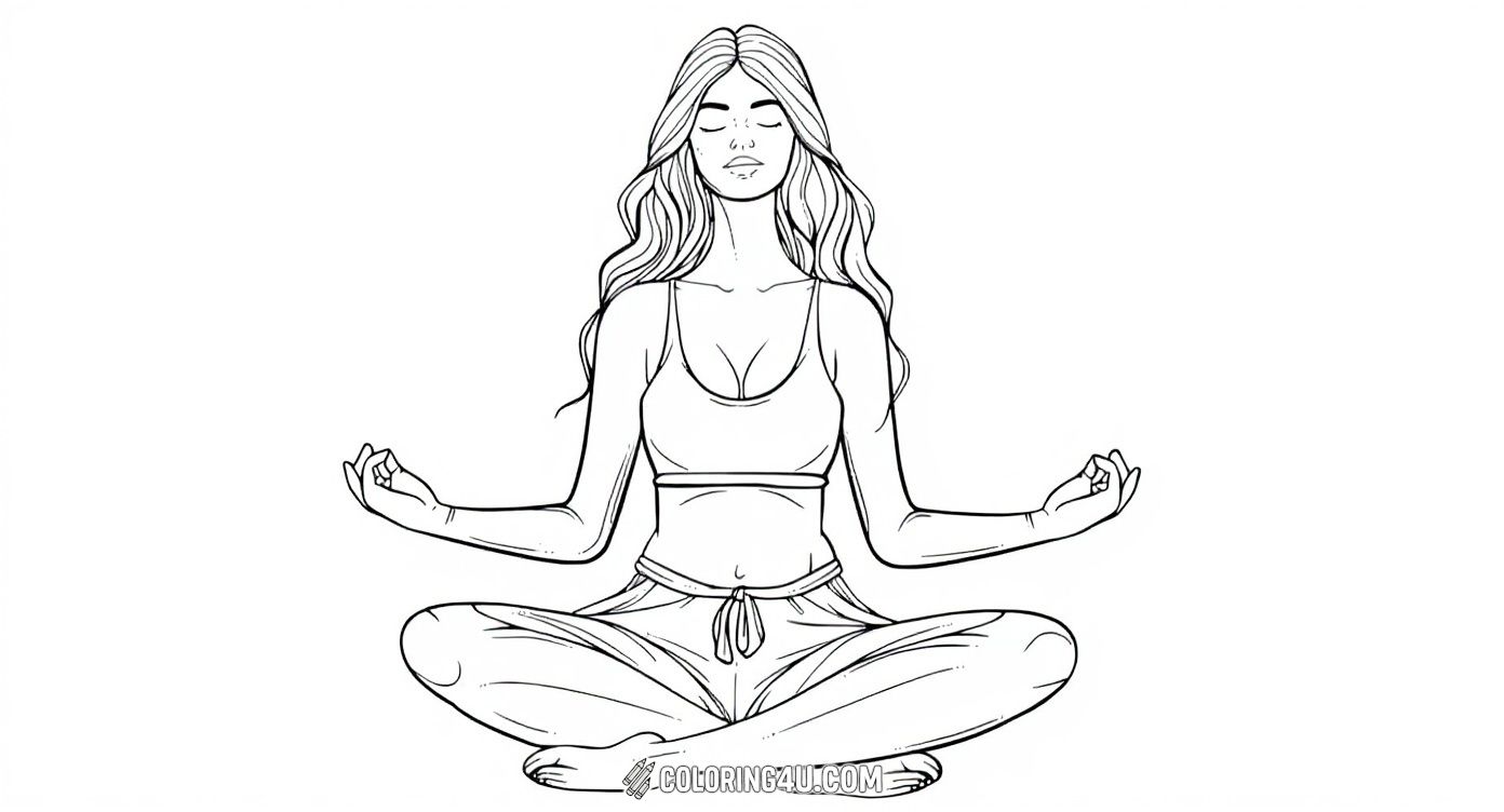 This coloring page features a young woman sitting cross-legged in a peaceful meditation pose. With her eyes closed and hands resting gently on her knees, she inspires calmness and focus. Children can have fun coloring her flowing hair, comfy clothes, and serene expression as they explore the relaxing world of yoga.