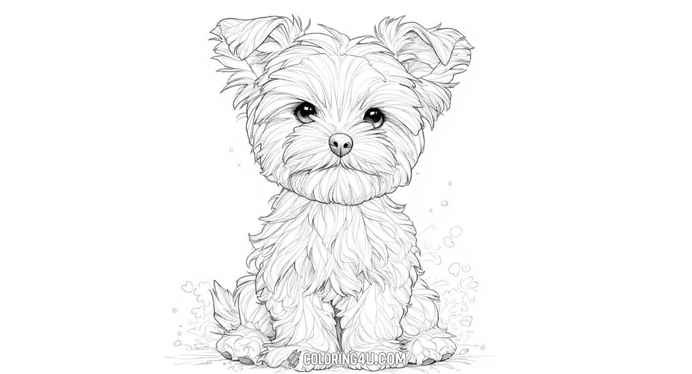 Here is a charming coloring page of an adorable Yorkie puppy with fluffy, detailed fur sitting amidst a faint backdrop of flowers. Kids can enjoy coloring this sweet little dog and add vibrant shades to its expressive eyes and soft fur.