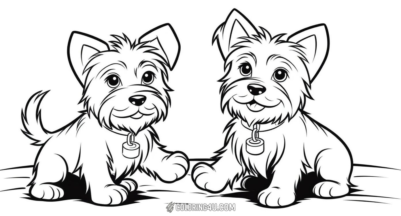 This fun coloring page features two happy cartoon-style Yorkshire Terrier puppies sitting side by side. Their big eyes and playful expressions make it perfect for kids to color and imagine a joyful scene with these lovable little dogs.