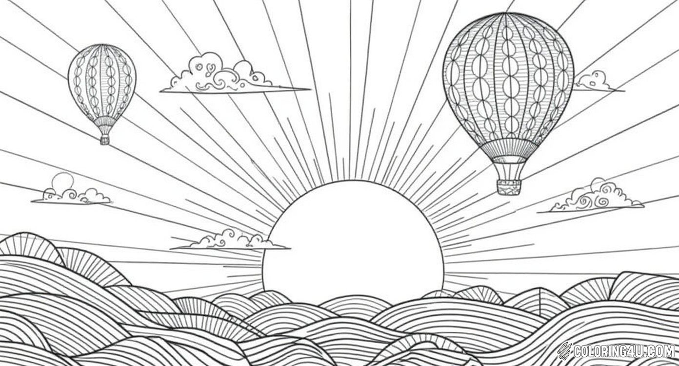 Zentangle Hot Air Balloons Sunrise Scene