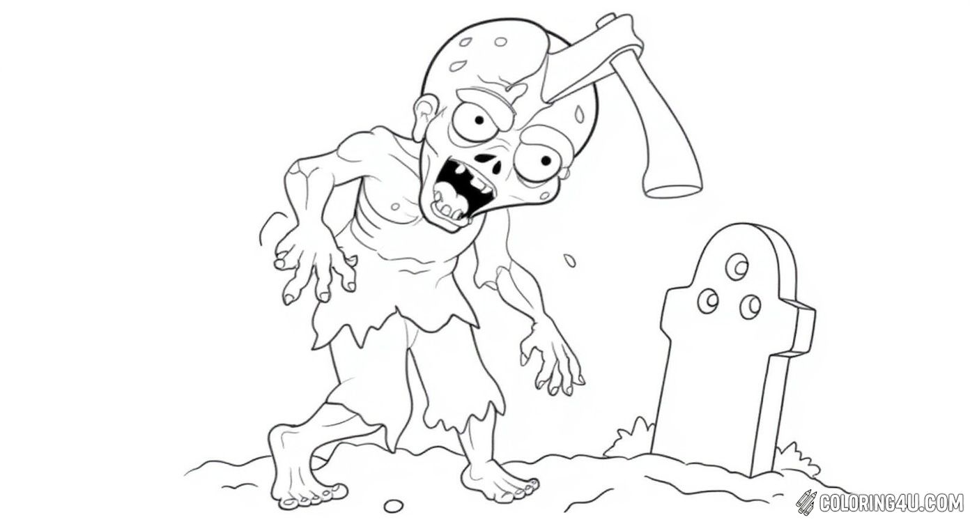 Zombie Holding Axe Near Rip Gravestone