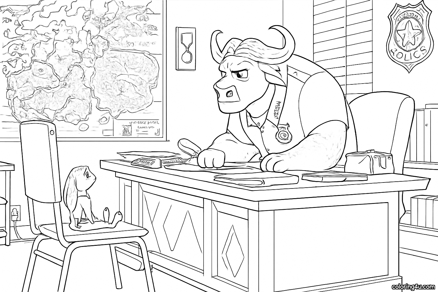 A serious moment unfolds in a police office as a large, imposing blue bull dressed in a police uniform sits at a desk, facing a small, animated rabbit. The rabbit appears attentive, sitting on a chair with a focused expression. Behind them, a map of Zootopia hangs on the wall, while various files and a stack of green folders adorn the desk. The atmosphere suggests a discussion of importance within the confines of a bustling animal city.