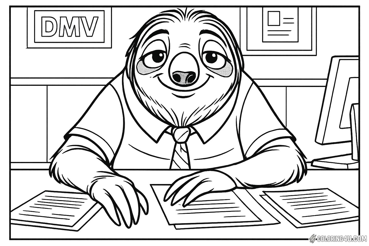 In this fun coloring page, you’ll meet Flash, the lovable sloth from 'Zootopia', working at the DMV. With a friendly smile, he sits at his desk surrounded by papers and a computer, ready to assist. Kids can bring this scene to life with vibrant colors, capturing Flash's laid-back personality and the quirky atmosphere of the DMV.