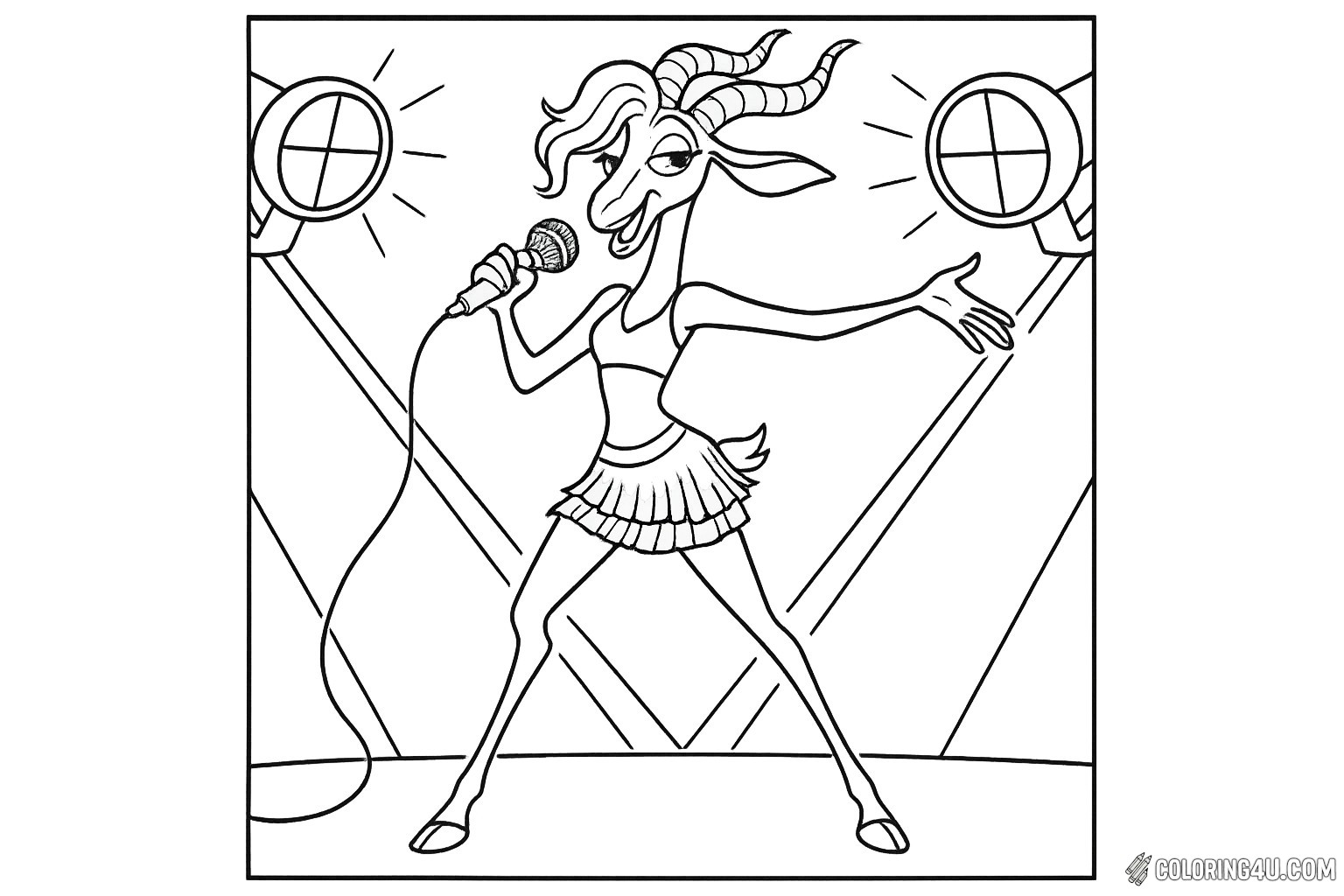 In this lively coloring page, Gazelle, the glamorous pop star from Zootopia, takes center stage with a microphone in hand. With her stylish outfit and confident pose, she captivates the audience under bright stage lights. Kids can bring her vibrant personality to life with their favorite colors, making this performance a fun and creative experience!