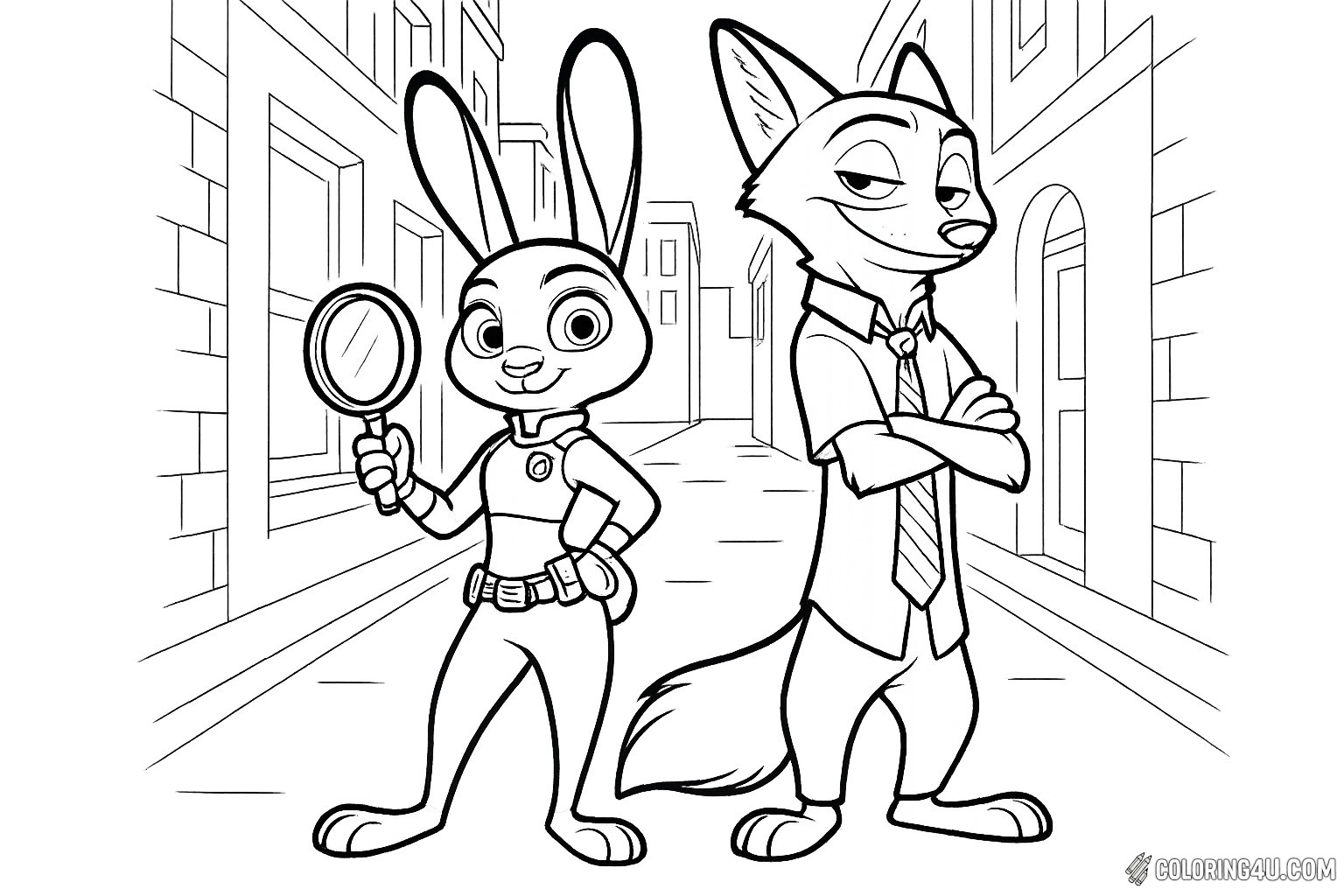Join Judy Hopps and Nick Wilde as they investigate a mysterious case in the bustling streets of Zootopia! Judy, the determined bunny officer, holds a magnifying glass, ready to uncover clues, while Nick, the clever fox, stands confidently beside her. This exciting scene is perfect for coloring, sparking creativity and adventure in every young artist's imagination.