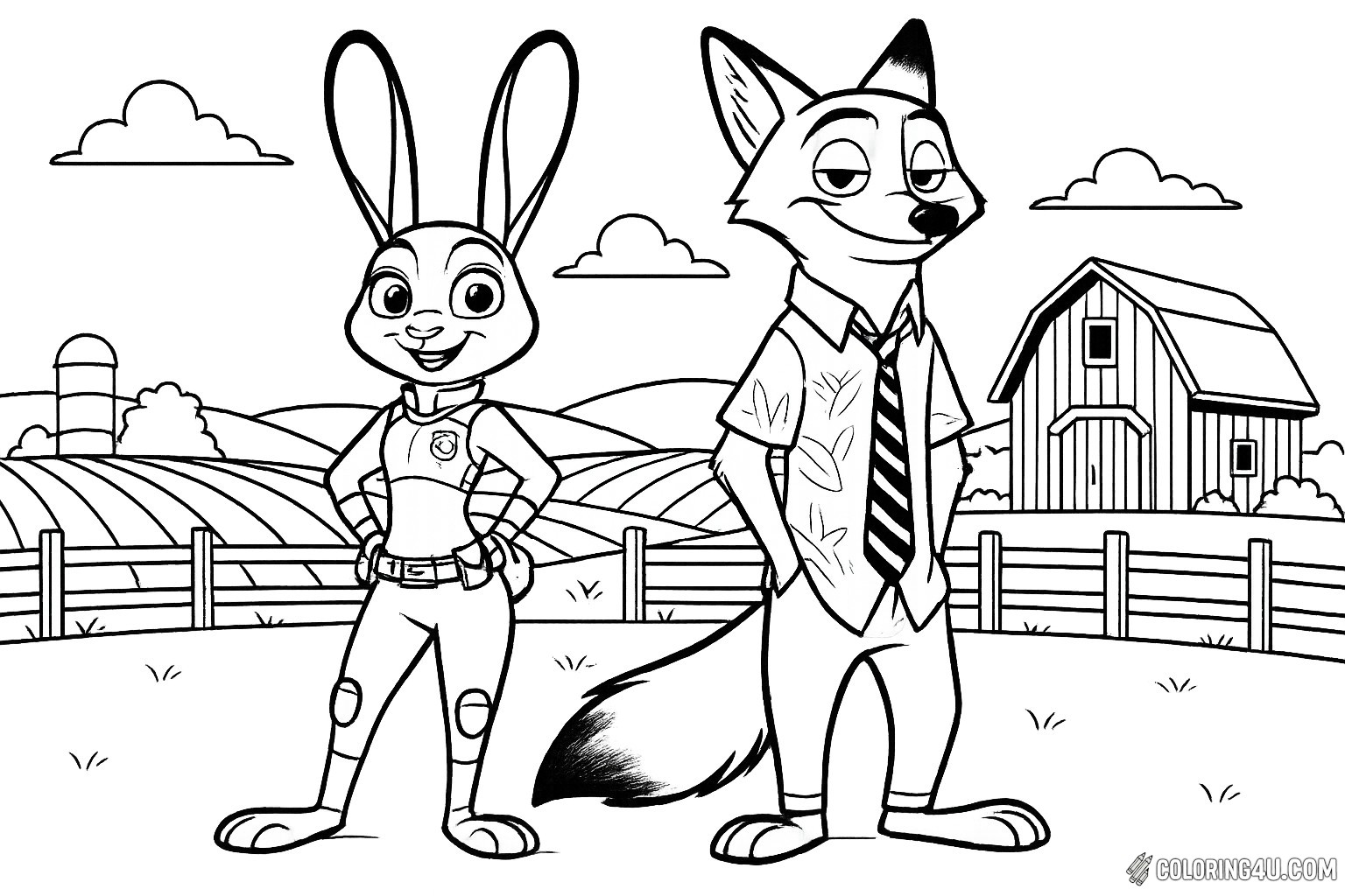 Join Judy Hopps and Nick Wilde on Bunnyburrow Farm, where the sun shines over rolling fields and a charming barn. Judy stands confidently in her police uniform, ready for adventure, while Nick leans casually in his stylish shirt and tie. This delightful scene invites kids to bring their favorite colors to life as they explore the vibrant world of Zootopia.
