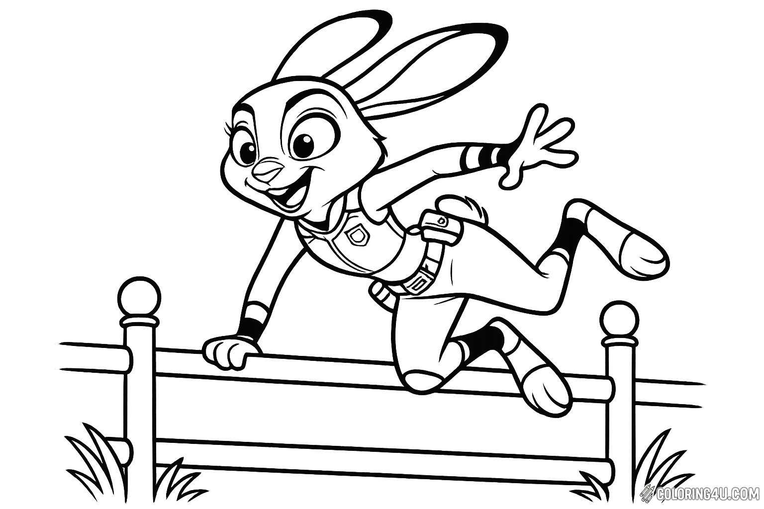 Join Judy Hopps, the spirited bunny from Zootopia, as she leaps over a fence with excitement! Her big ears and bright smile capture her adventurous spirit. This fun coloring page invites kids to bring Judy's vibrant world to life with colors, showcasing her determination and playful nature in a dynamic pose. Perfect for young fans of the movie!