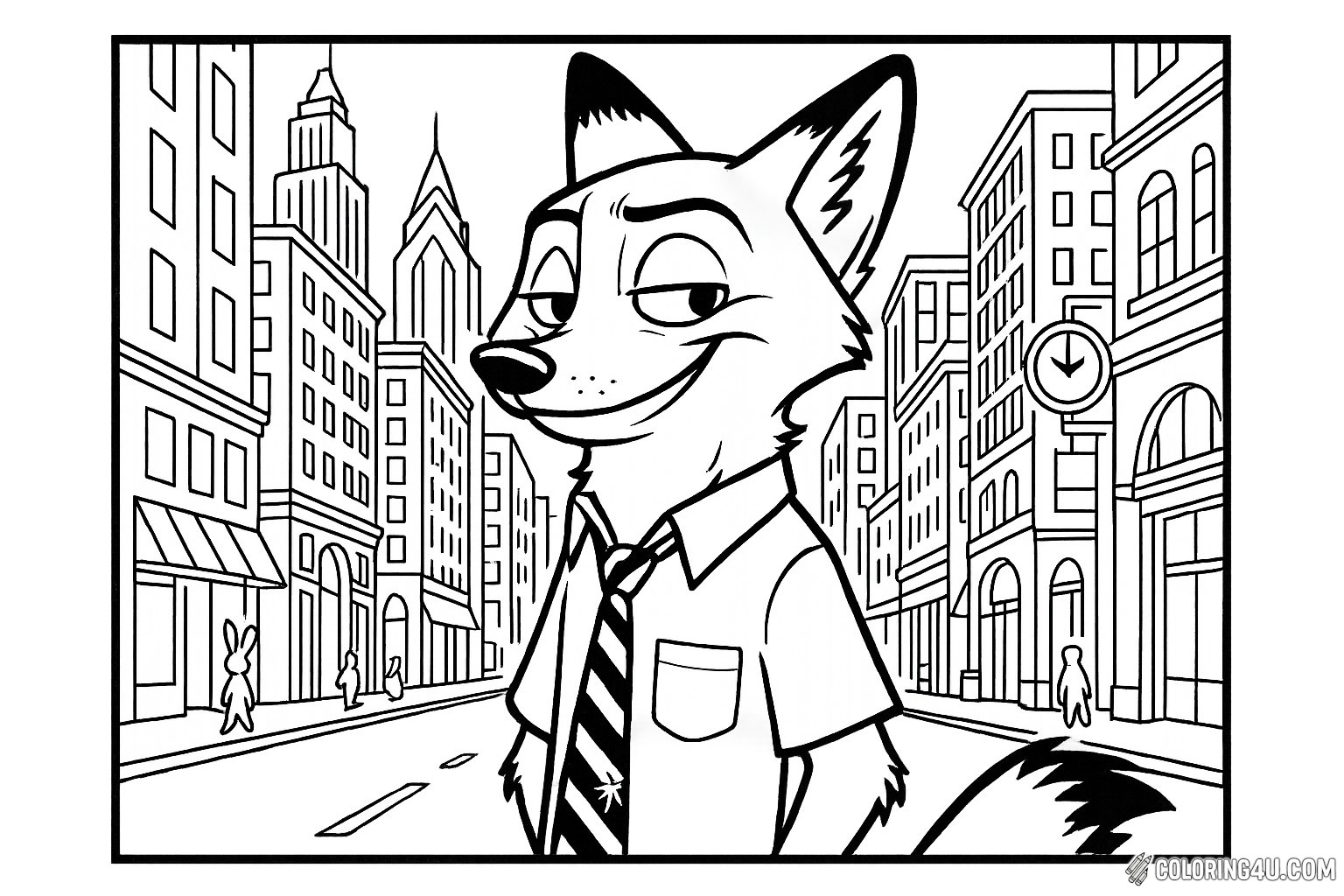 In this lively coloring page, Nick Wilde, the clever fox from 'Zootopia', flashes a sly grin as he stands confidently in a bustling city street. Tall buildings tower around him, and playful characters like a bunny can be spotted nearby. Kids can bring this vibrant scene to life with their favorite colors, capturing Nick's playful spirit amidst the urban backdrop.